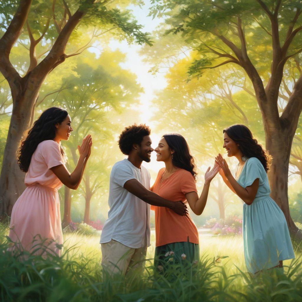 A nurturing scene depicting a diverse group of people supporting each other in a lush, tranquil park. Soft pastel colors dominate the image, with warm sunlight filtering through trees, casting gentle shadows on the supportive interactions. Include symbols of love and empowerment, like hearts and open hands, subtly integrated into the background. The overall atmosphere should radiate positivity and connection. vibrant colors. super-realistic. serene setting.