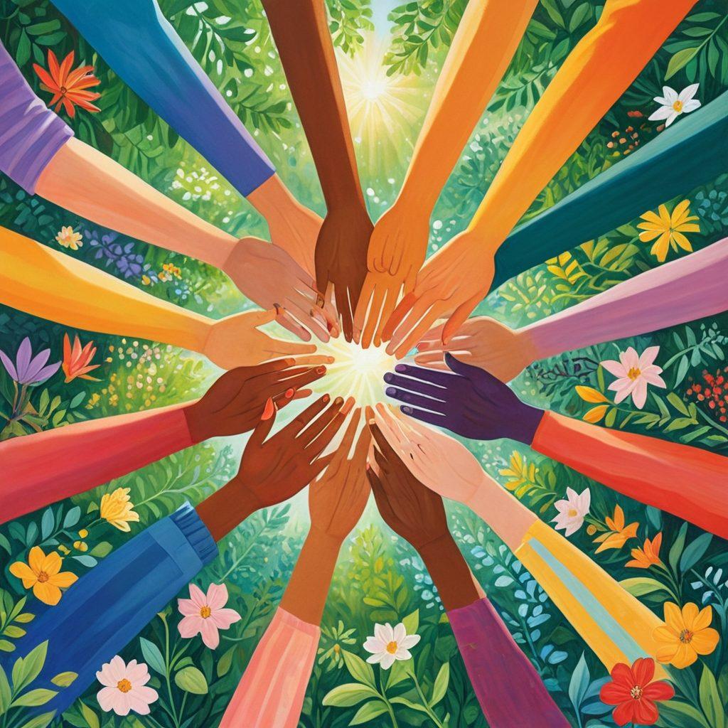 A diverse group of people holding hands in a circle, surrounded by lush green trees and blooming flowers, symbolizing unity and support. In the center, a radiant heart is formed from various multicolored hands, representing love and wellness. Soft sunlight filters through the leaves, creating a warm and inviting atmosphere. Gentle smiles on participants' faces express compassion and joy. Artistic style with bright, harmonious colors, capturing an uplifting and serene vibe. vibrant colors. painting.
